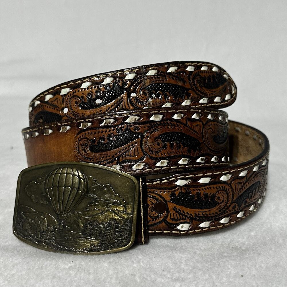 Vintage Wright Hand Tooled Western Leather Belt W Buckle Mens 44 Cowhide Country